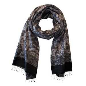 Pashmina Luxe Silk Blend Shawl Wrap‎ Fringe Scarf 70x28 Black Gray Paisley